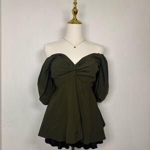 shein plus calvaya plus twist front puff sleeve forest green blouse crop top y2k